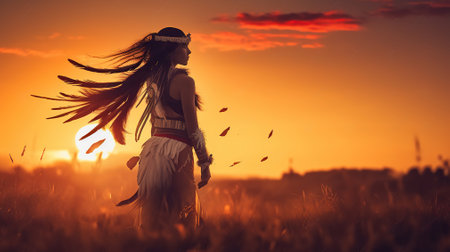 Shamanic Woman Embraces Nature's Spirits in a Breathtaking Sunset Setting. Generative AIの素材
