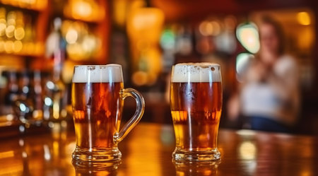Two glasses of fresh beer on counter, oktoberfest, Generative AIの素材
