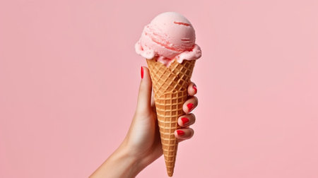 Hand Holding a Strawberry Ice Cream Cone On Pink Backgroundの素材