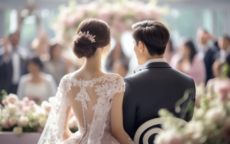 The sincere emotions and heartfelt vows exchanged between the bride and groom. Generative AIの素材