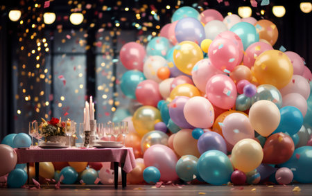 Festive party decorations, showcasing colorful balloons and twinkling lights. Generative AIの素材