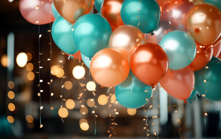 The Magic of Colorful Balloons and Sparkling Lights in Party Decor. Generative AIの素材