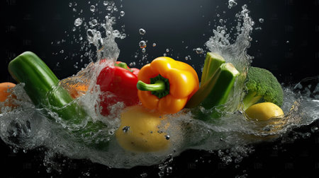 Veggies Splashed in Water. Generative AIの素材