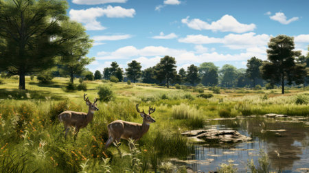 Whispers of the Wild. Serene Vistas of Deer in Meadow Harmony. Generative AIの素材