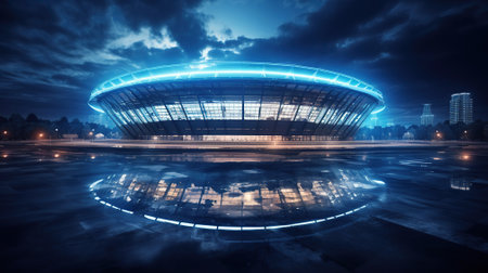 Futuristic Spectacle. Grand Blue Neon Digital Stadium at Night. Generative AIの素材