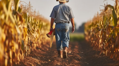 Prepping for the Harvest. A Rear View of a Senior Farmer in the Cornfield. Generative AIの素材