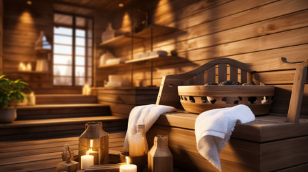 Luxury Relaxation - A Sauna Oasis with Premium Accessories. Generative AIの素材