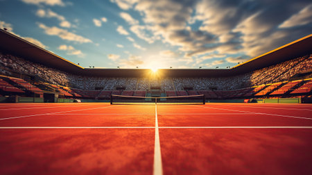 Tennis court at sunset wide angle view. Generative AIの素材