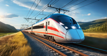 A high-speed train in motion, representing the velocity of modern railways. Generative AIの素材