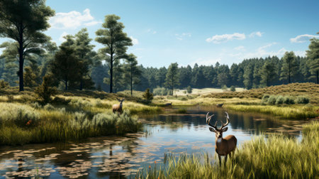 Serene deer landscapes, featuring peaceful meadows and deer grazing. Generative AIの素材