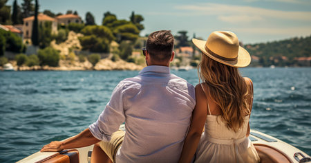 Seaside Harmony. A Couple's Leisurely Boat Cruise in Summer. Generative AIの素材