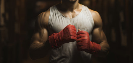 Ready for the Ring - Kickboxer with wrapped boxing bandages on hand. Generative AIの素材