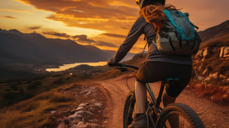 Female Cyclist Conquers Mountain Paths at sunset. Generative AIの素材