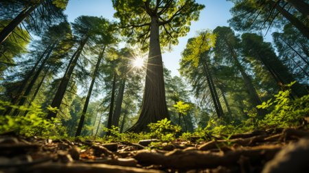 Nature's Skyscrapers. Underneath the Sequoia forest Canopy. Generative AIの素材