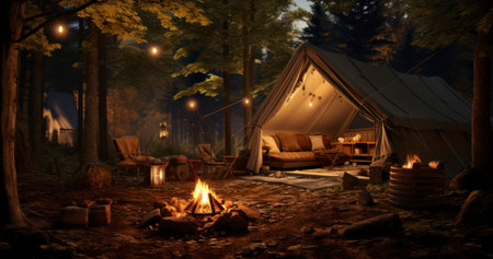 Camping Amidst Trees with the Warmth of a Crackling Fire. Generative AIの素材