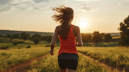 Rear View, Young beautiful woman is making sport, she is doing the legs exercises on a grass in the midst of nature on sunset and preparing for running. Generative AIの素材