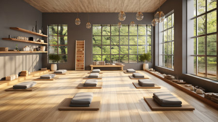 Yoga Studio Essentials Paired with Nature's Beauty. Generative AIの素材