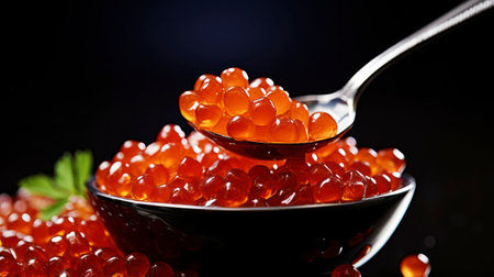 Savor the Opulence - Red Caviar in a Bowl over black background. Generative AIの素材