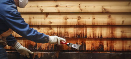 Varnishing process. Hands of a worker that paint with brush a wood wall from boards in construction site. He is applying varnish for the fence. Generative AIの素材