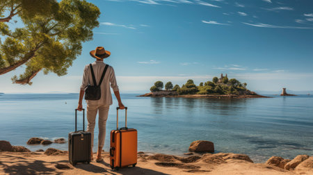 A Gentleman Tourist's Coastal Journey with Suitcase in Hand. Generative AIの素材