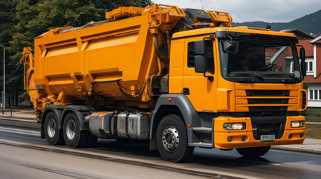 City Sanitation. An orange garbage collecting truck in city. Generative AIの素材