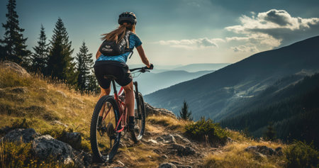 Cycling the Summit - Rear view Mountain biking woman riding on bike in summer mountains forest landscape. Generative AIの素材