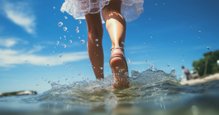 A Woman's Gentle Stride Amongst the Waves. Generative AIの素材