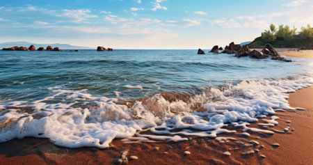Morning Serenity, Peaceful Waves Caress the Rocky Beach. Generative AIの素材