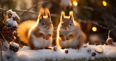 The Fluffy Squirrels of Winter's Realm. Fluffy Squirrels Frolic in a Winter Wonderland. Generative AIの素材