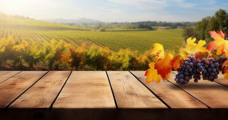 A Rustic Brown Table Stands Amidst the Golden Hues of Autumn Vines, Ready for Your Product's Display. Generative AIの素材