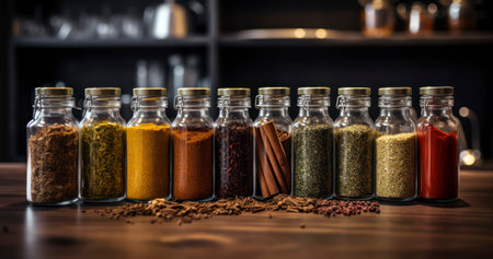 Aromatic Orchestration. Kitchen Jars Brimming with Spices and Seasonings. Generative AIの素材