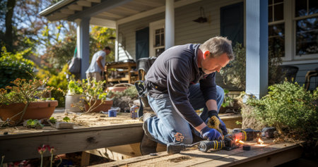 An Older Man Rejuvenates His Porch. Generative AIの素材