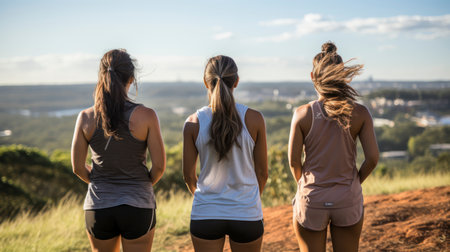 Rear View, Fitness enthusiasts exercise in the fresh air, using natureâs terrain to challenge and invigorate their routines. Generative AIの素材