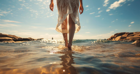 Waves at Her Feet. The Simple Elegance of a Seafront Walk. Generative AIの素材