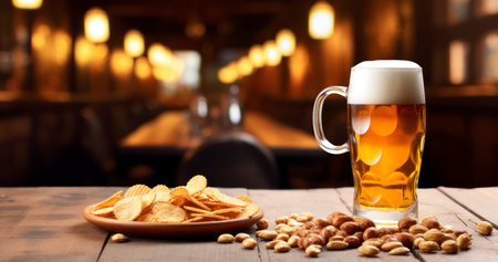 A Fresh Glass of Beer with Snacks in a Rustic Pub Setting. Generative AIの素材