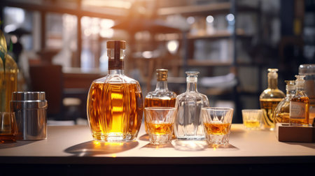 Elegance on Display. Cognac Bottles Adorning the Table, Awaiting Product Showcase. Generative AIの素材