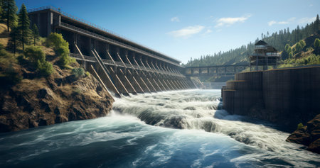 A Hydroelectric Dam Amidst the Serenity of a Mountain Forest. Generative AIの素材