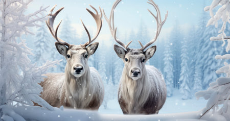 Arctic Panorama - Reindeers and the Serenity of Snow-Covered Pines. Generative AIの素材