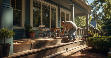 Porch Renewal - An older man repairs the porch of his house. Generative aiの素材