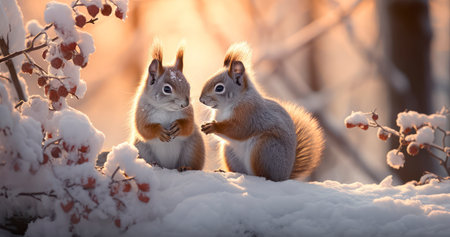 Fluffy Squirrels' Winter Forest Frolic. Squirrels in the Heart of a Fabulous Winter Forest. Generative AIの素材
