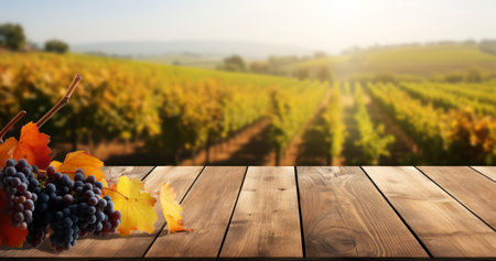 A Charming Brown Wood Table Awaits Your Product, Set Before the Lush Backdrop of an Autumn Vineyard Landscape. Generative AIの素材