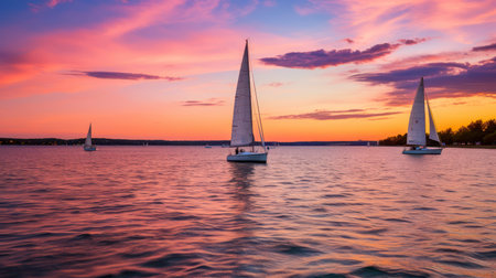 Voyage into Dusk. The Allure of Sailboats Against the Sunset. Generative AIの素材