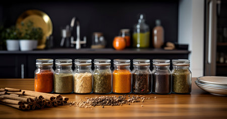Culinary Essence - Jars with spices and dry seasonings in the kitchen. Generative AIの素材