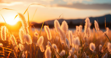 Beautiful natural landscape. Blooming wild high grass in nature at sunset warm summer. Generative AIの素材
