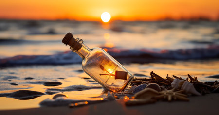 The Allure of a Message in a Bottle Against the Backdrop of a Setting Sunの素材