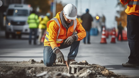 Worker in reflective vest in street during roadworksの素材