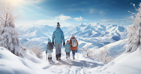 Rear view families enjoy the snowy slopes, where kids and adults alike find winter wonderland adventuresの素材