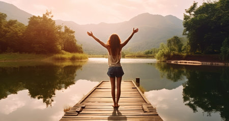 A Young Woman's Joyful Stance, Arms Raised, Amidst a Natural Settingの素材