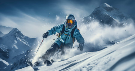 Conquer the mountains with professional winter skiing, where skill and thrill meet the snowy slopesの素材