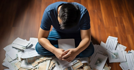 A Stressed Young Man Grappling with Loan Bills and Money Woesの素材